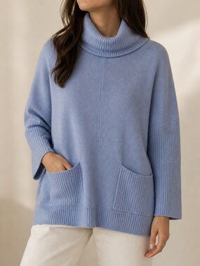 Blue Turtleneck Sweater LOFT Oversized Cozy Knit Pocket Detail Soft Layering